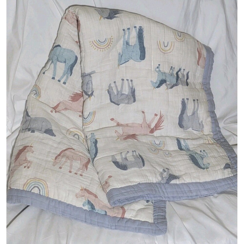 Unicorn Little Unicorn Muslin Comforter Blanket Soft Fabric Blue Border Used